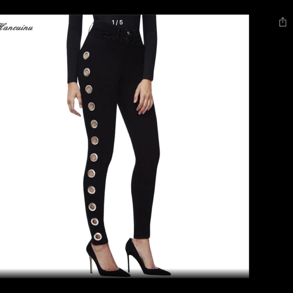 Side Eyelets Skinny Denim Jeans Black